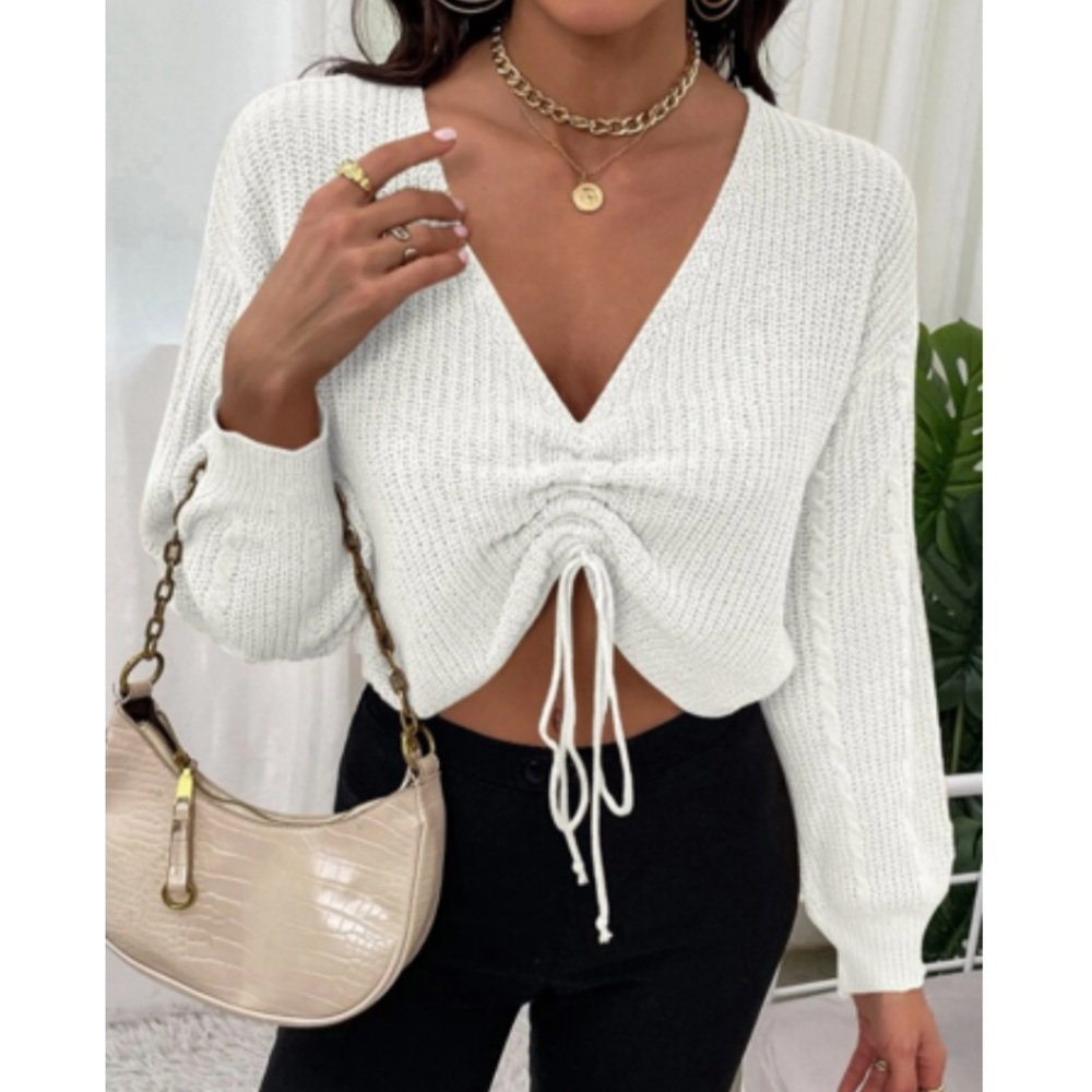 Boho White Drawstring Front Sweater - image 5